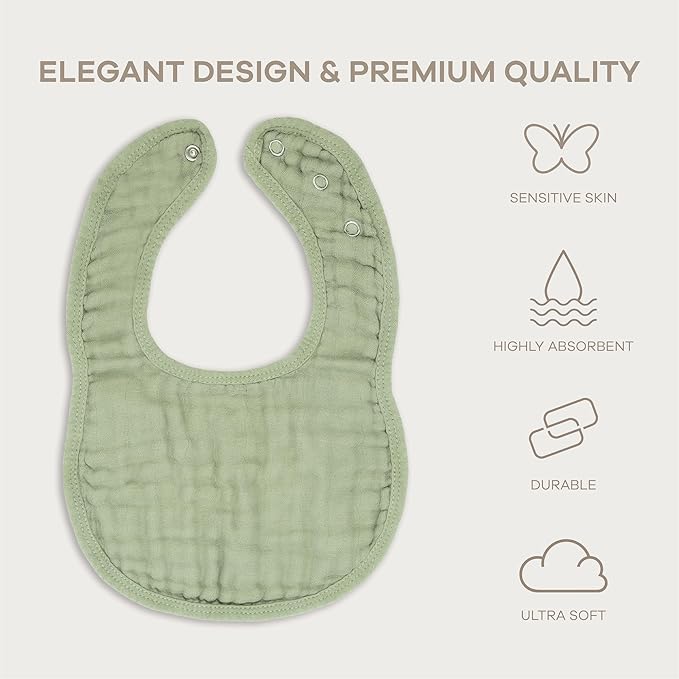 Comfy Cubs Muslin Bibs for Babies, Pack of 8 - Soft and Highly Absorbent, Feeding, Drool and Teething Bib, Adjustable Snaps - Stylish & Colorful Unisex Designs, Giftable Set - Sage