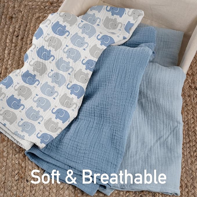 GLLQUEN BABY Muslin Swaddle Blankets,3-Pack Receiving Blanket for Newborn Boys and Girls,Baby Swaddle Blanket Unisex, Elephant,Baby Essentials, Registry & Gift, 40 x 38 inches