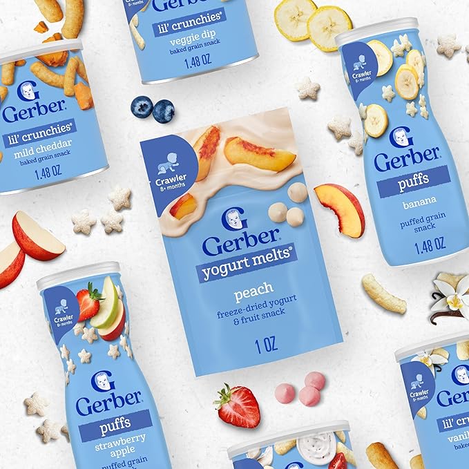 Gerber Stage 3 Baby Food Snacks, Strawberry Yogurt Melts, Freeze Dried Yogurt and Fruit Snacks for Babies, Baby Led Feeding, 7-Pack