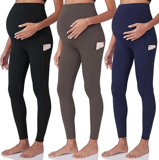 POSHDIVAH 3 Pack Women's Maternity Workout Leggings Over The Belly Pregnancy Yoga Pants with Pockets