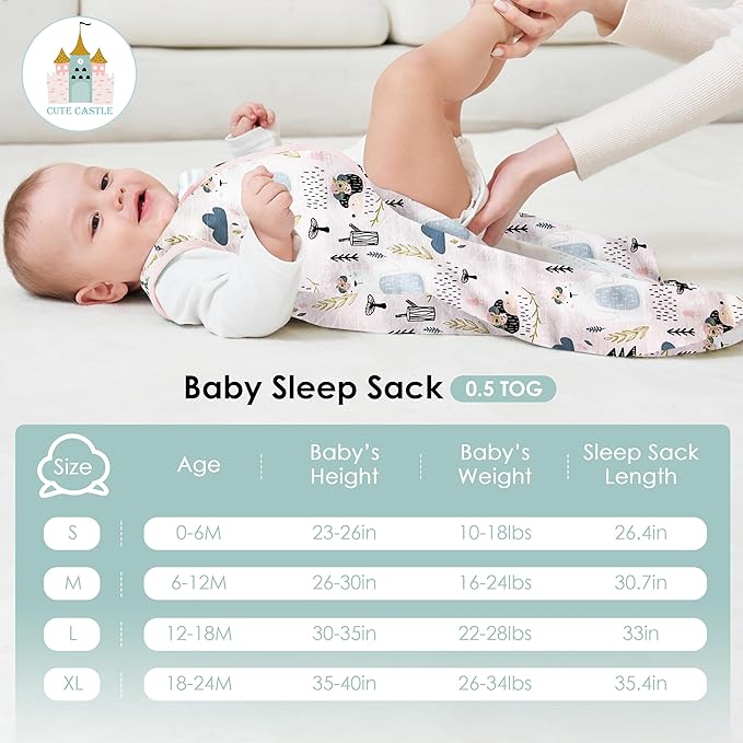 Cute Castle Baby Sleep Sack 12-18 Months - Lightweight 100% Cotton 2-Way Zipper TOG 0.5 Infant Wearable Blanket, Newborn Essentials Toddler Sleep Clothes, 3 Pack(Pink, Bear, Bear Claw)