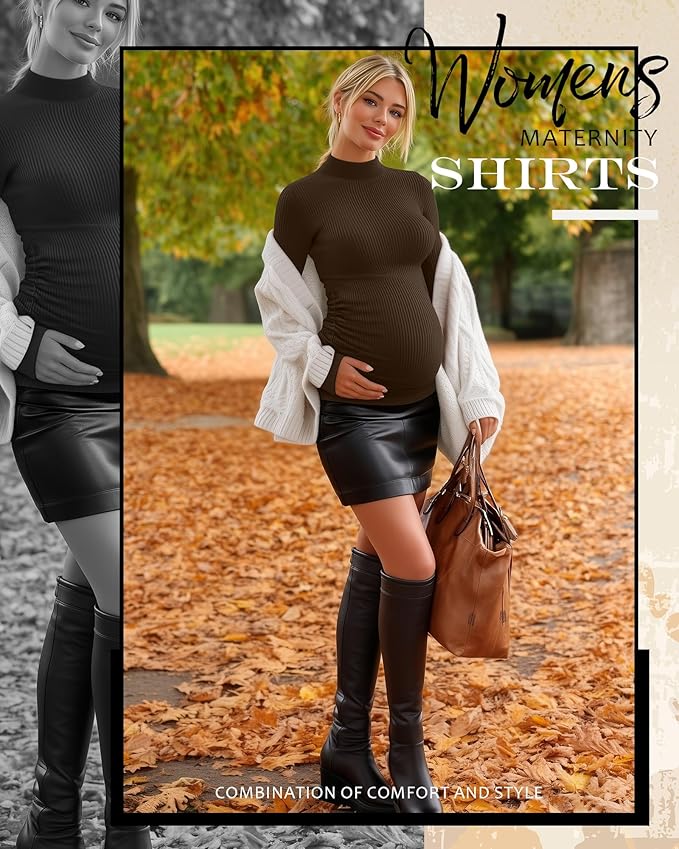 4 Packs Womens Maternity Shirts Long Sleeve Cotton Ribbed Pregnancy Mock Neck Side Ruched Workout Tops for Mama