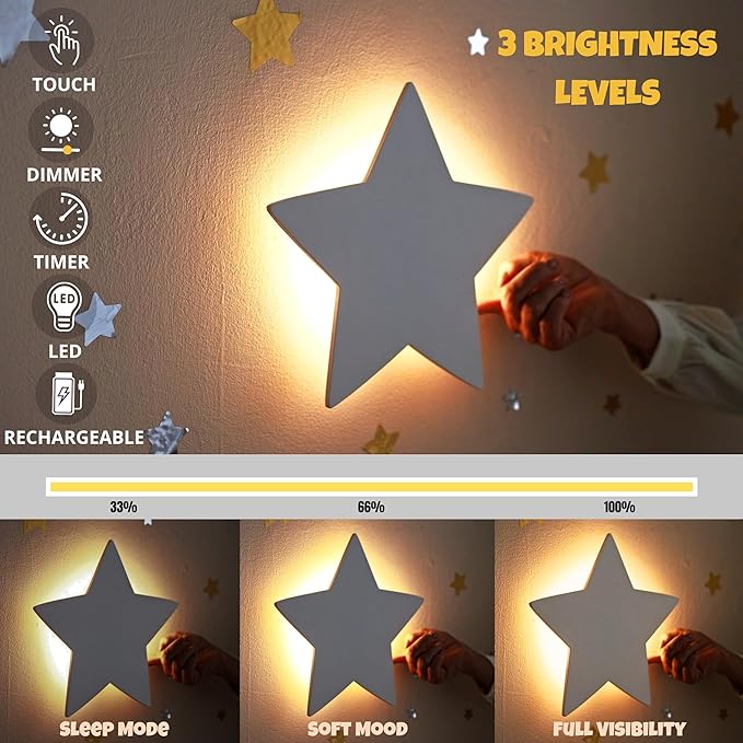 KALEOLI Cloud & Star Wall Lights 2 Pack - Dimmable & Rechargeable Nursery Night Lights for Kids & Baby Room Decor - Made for Bedtime Routines (Star Decals Included)