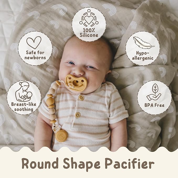 Mila & Lulu Round Silicone Pacifiers (Set of 2) – 100% Food-Grade, One-Piece Design, Soft Round Nipple, Airflow Shield, Multi-Use Pacifier & Teether for Newborns and Infants 0+ Months - Cloud/Sun