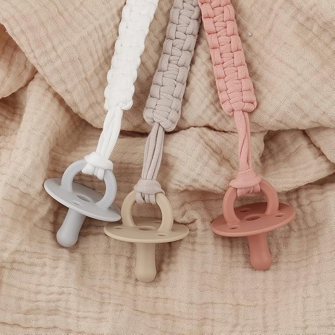 Pacifier Clip for Girl 9.2 Inch Pacifier Leashes woodern Clips Teething Toy with Handmade Braided Cotton Modern Unisex Baby Shower Birthdays Christmas Set (3 Pack Grils)