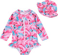 Infant Baby Girl Swimsuit One-Piece Long Sleeve Rash Guard with Hat Set Floral Zipper Bathing Suit Leopard Beach Wear