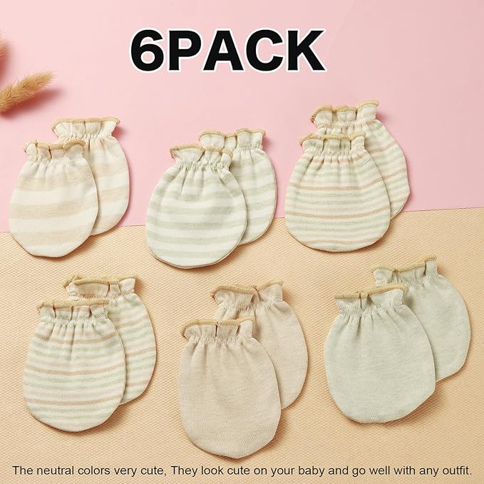 MOMSMENU Newborn Mittens No Scratch 100% Cotton Mitts Boy Girl baby mittens 0-6 months 6 Pack