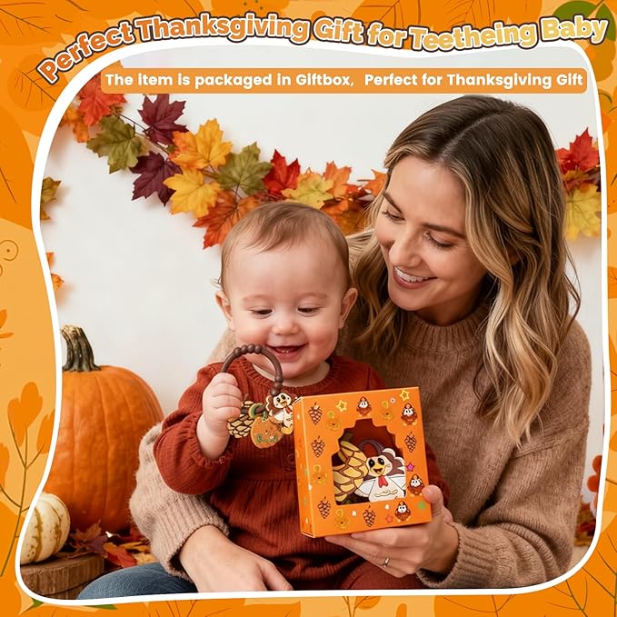 Thanksgiving Baby Teething Ring with 3pcs Teether-Soft Turkey, Pumpkin & Pine Cones Textured, Silicone Teether for 0-12months, Baby Sensory Chew Bracelet for Baby’s First Thanksgiving