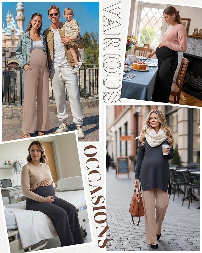 Neer 3 Pack Women's Maternity Pants Over The Belly Loose Pregnancy Pants Stretchy Lounge Wide Leg Trousers with Pockets