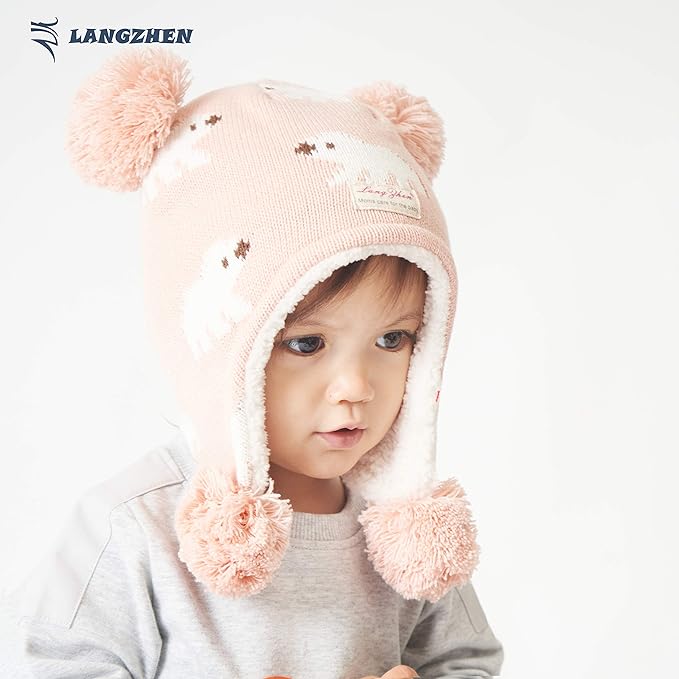 LANGZHEN Toddler Kids Infant Winter Hat,Earflap Knit Warm Cap Fleece Lined Beanie for Baby Boys Girls