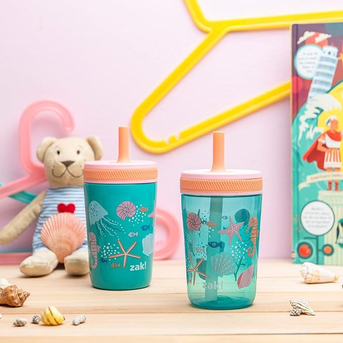 Zak Designs Shells Kelso Tumbler Set, Leak-Proof Screw-On Lid with Straw, Bundle for Kids Includes Plastic and Stainless Steel Cups with Bonus Sipper (3pc Set, Non-BPA) (Pack of 12)