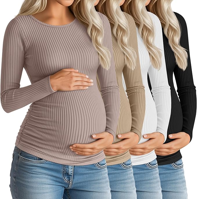 Huukeay 4 Pack Women's Maternity Shirts, Long Sleeve Cotton Ribbed Pregnancy Tops Side Ruched Crew Neck Casual Mama Clothes