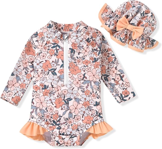 Aalizzwell Baby Girls Long Sleeve One Piece Swimsuit with Hat