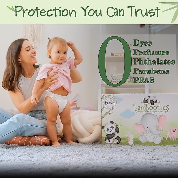 Bamboo Baby Diapers, Totally Chlorine Free for Sensitive Skin for Newborns to XXL. Hypoallergenic & Non Toxic Eco Friendlier Plant-Based Materials. TCF XL Size 5 Diapers (144 ct)