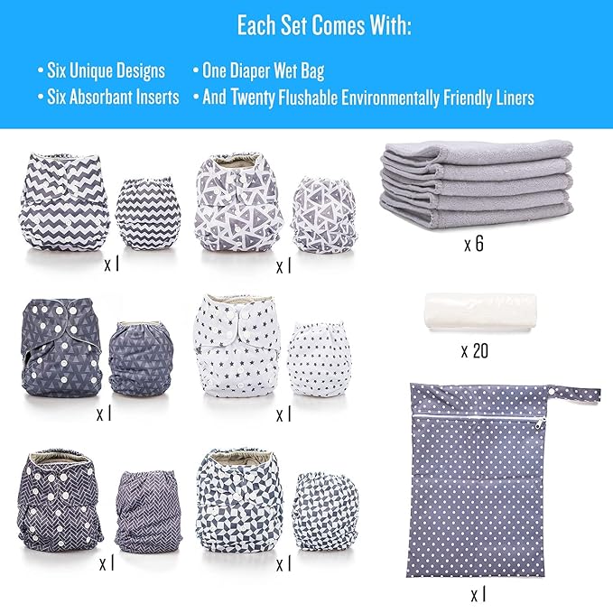 Simple Being Reusable Cloth Diapers, Double Gusset, One Size Adjustable, Washable Soft Absorbent, Waterproof Cover, Eco-Friendly Unisex Baby Girl Boy, six 4-Layers Microfiber Inserts (Greys)