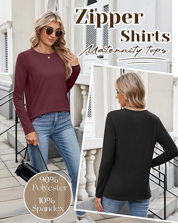 4 Pack Women's Nursing Breastfeeding Tops, Long Sleeve Maternity Shirts Loose Fit Hidden Zipper Pregnancy Clothes