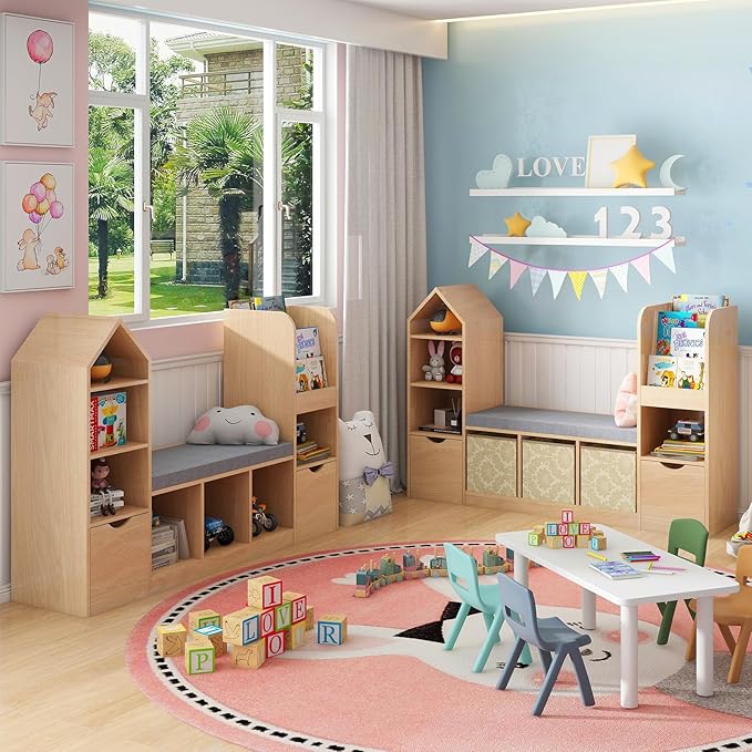 Vabches Kids Bookcase with Reading Nook, Oak Bookshelf with 7 Storage Cubbies & 2 Movable Drawers, Seat Cushion for Toy Storage, Children's Bedroom