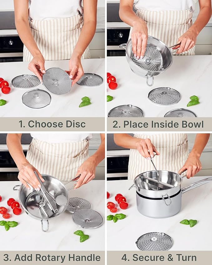Upgraded 4-Disc Stainless Steel Food Mill – Ergonomic Rotary Design for Tomato Sauce, Applesauce, Baby Food, Mashed Potatoes, Jams, and More