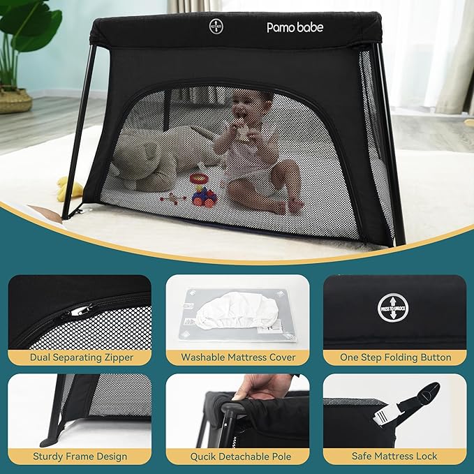 Pamo Babe Travel Crib Lightweight Baby Playard with Mattress Compact Play Yard with Detachable Legs