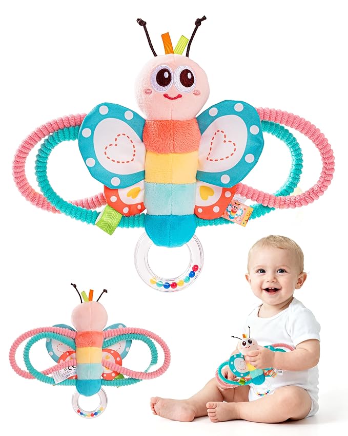 Jollybaby Soft Baby Rattles & Plush Rings Toy for Newborn 0-3-6-12 Months, Sensory Developmental Hand Teether Toys for Infant 0-2-4-7-8-9 Months, Baby Shower & Birthday Gifts - Butterfly
