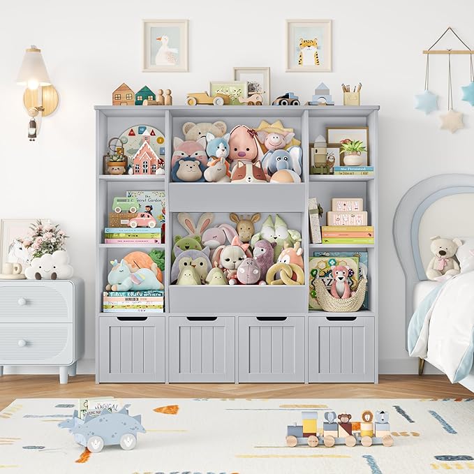 FINETONES Toy Organizers and Storage with 4 Movable Drawers, Large Toy Storage Organizer with 8 Open Storage Cubbies, Kids Bookshelf and Toy Storage with Hidden Wheels for Playroom, Kids Room,Grey