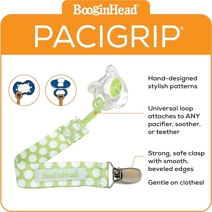 BooginHead Baby Newborn PaciGrip Pacifier Clip, Delicate Dot Polka Dots, Green/White