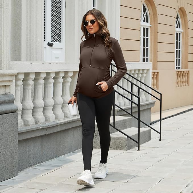 GINKANA Maternity Women's Long Sleeve Shirt Half Zipper Lapel Lightweight Casual Maternity Pullover with Pockets