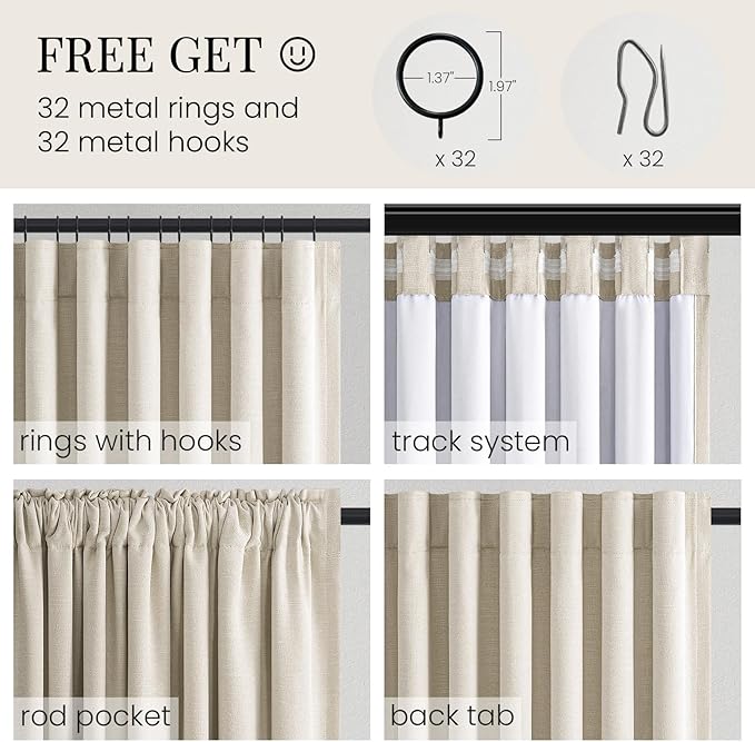 Topfinel Natural Linen Blackout Curtains with Back Tab for Tracks 96 Inch Long, Room Darkening Memory Trained Linen Drapes, Elegant Noise Cancelling Patio Door Curtains, Cream Beige,52" W*96" L