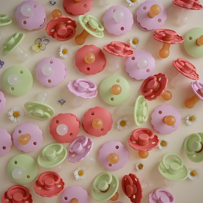 FRIGG Daisy Natural Rubber Baby Pacifier | Made in Denmark | BPA-Free (Pink Cream/Poppy, Size 2) 2-Pack