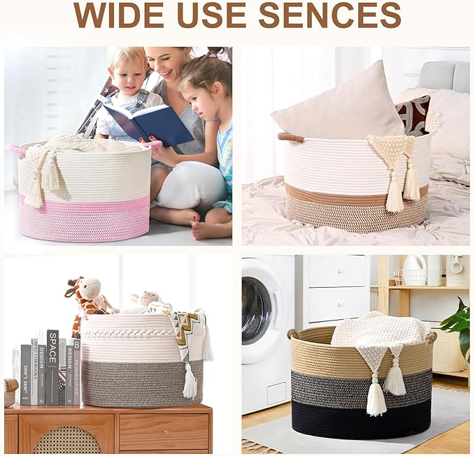 67L Large Blanket Basket, 20"x13" Woven Storage Baskets With Handle, Cotton Rope Blanket Basket Living Room, Baby Laundry hamper for Blanket, Nursery, Toy, Pillow (White & Pink)