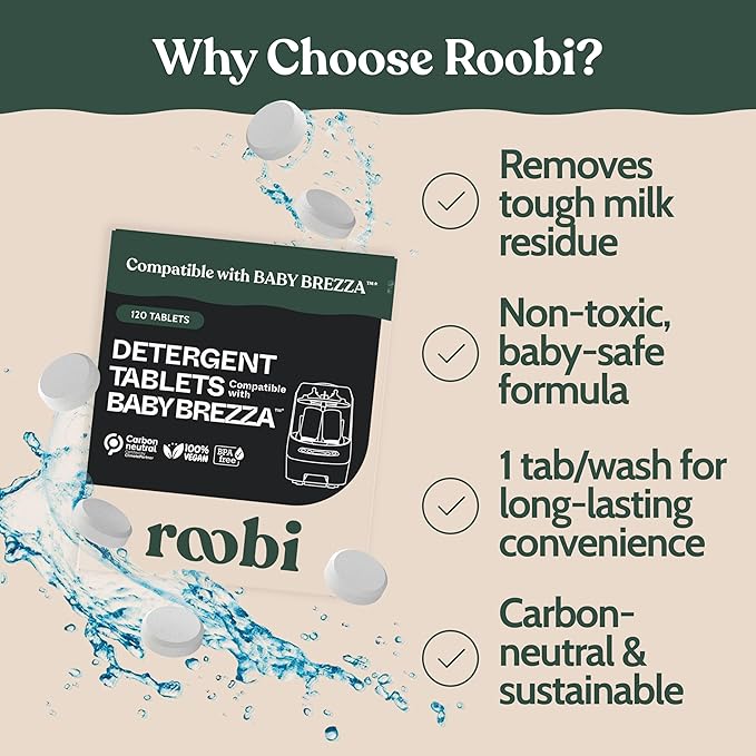 Roobi Detergent Tablets Compatible with Baby Brezza Bottle Washer Pro. Removes Milk Residue & Odor, Hypoallergenic Carbon Neutral Formula. 120 Count.