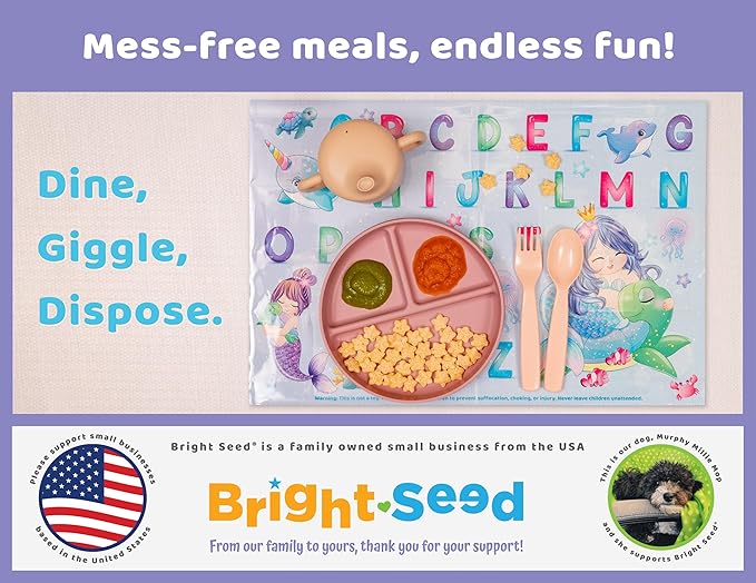 Disposable Placemats for Baby, Toddlers and Kids, 40 Disposable Baby Placemats for Restaurant, Dining Table & Travel, Learning Placemats for Kids, Toddler Travel Essential, Mermaids ABC & Numbers