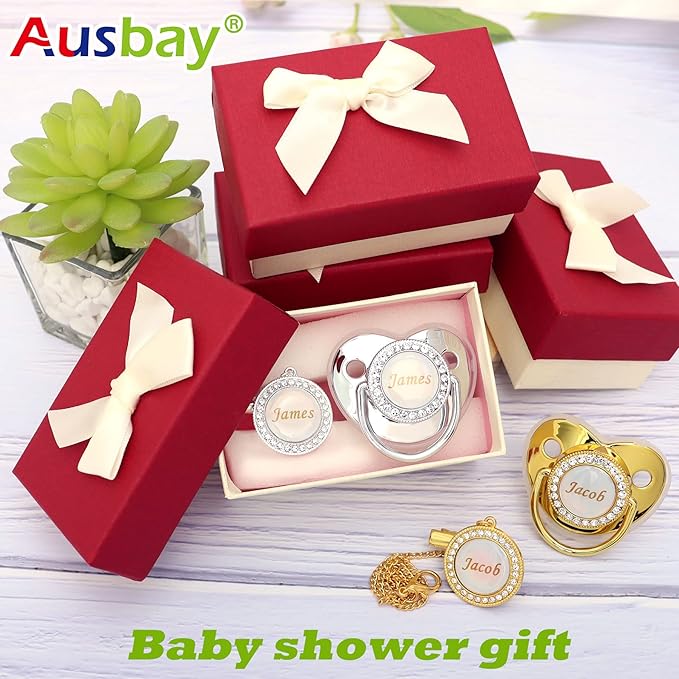 Personalized Pacifier Set with Name, BPA Free, Bling Gold Silver Pink Rose Gold Luxurious Ideal Gift for Newborns (Pink)