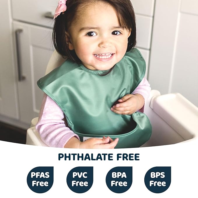 Tiny Twinkle Mess Proof Baby Bibs for Eating – Waterproof, Wipeable Toddler Bibs with Pocket – Baby Food Bibs for Girls & Boys(3 Pack,Olive. Slate)