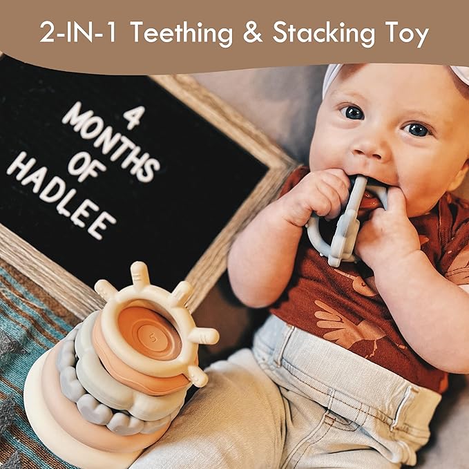 Moonkie Stacks of Circles Soft Teething Toy | Educational Learning Baby Toy | Stacking Ring Toys for Babies Boy and Girl | 7 Piece Teethers Set