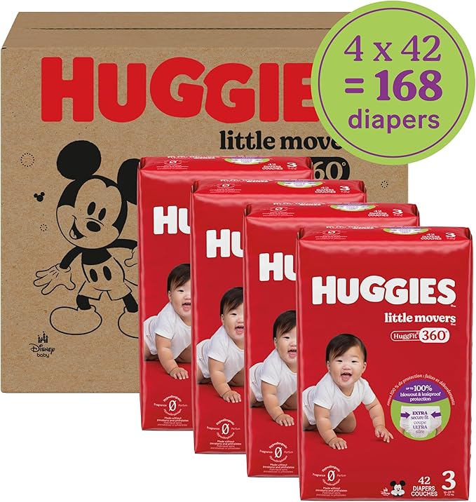 Huggies Size 3 Baby Diapers, Little Movers HuggFit 360° Baby Diapers with 360° Waistband, Size 3 (16-28 lbs), 168 Count (3 Packs of 56), Packaging May Vary