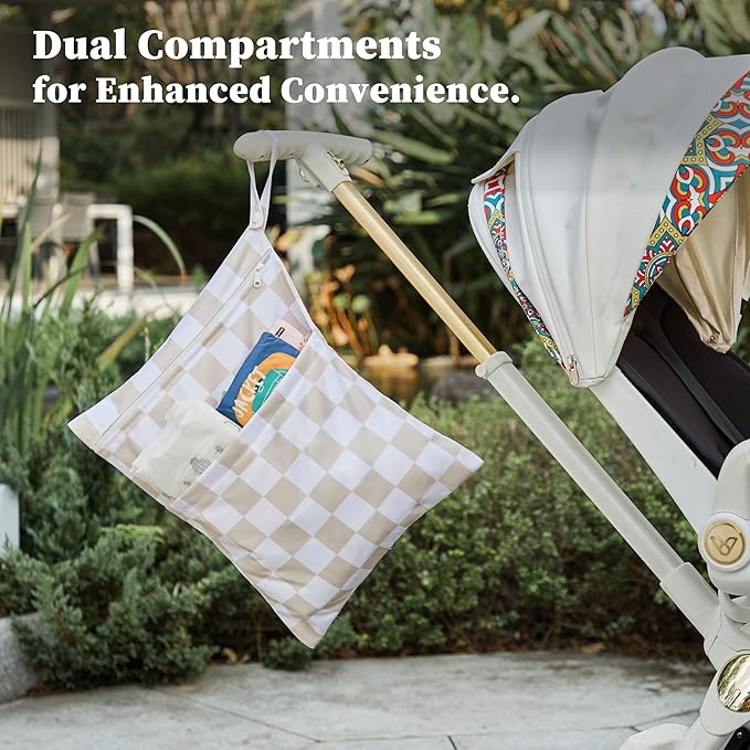 Beige Khaki Checkered Waterproof Wet Dy Diaper Bag for Baby Essentials, Travel, Swimsuit, Beach Bag Accessories, Aesthetic Trendy Cute Toddler Baby Cloth Bag Pouch, Pack of 2
