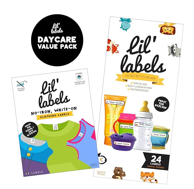 Daycare Value Pack - Write On Name Labels, Waterproof (Animal Friends) + (Bright White)