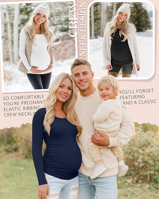 Riyiper 4 Pack Women's Maternity Shirts, Long Sleeve Cotton Ribbed Pregnancy Tee Top Crewneck Side Ruched Casual Mama Clothes