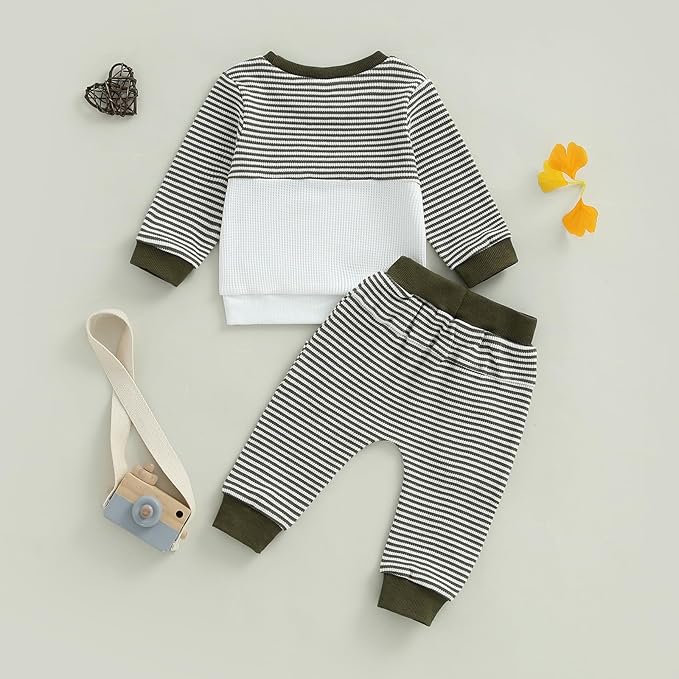 Toddler Baby Boy Fall Clothes Waffle Outfit Long Sleeve Color Blocking Sweatshirt Pullover Jogger Pant Set