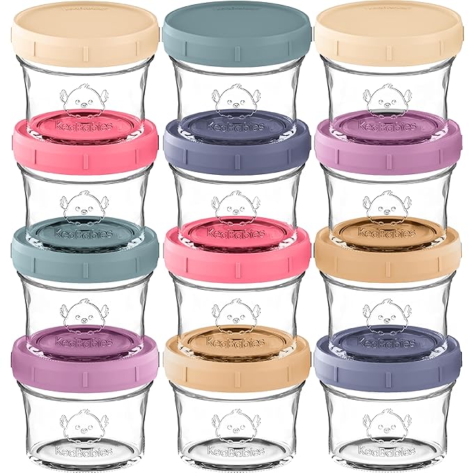 KeaBabies 12pk 4oz Glass Baby Food Containers with Lids - Leak-Proof, Microwavable Small Glass Jars, Baby Purees & Toddler Snack Storage Containers, BPA-Free, Dishwasher & Freezer Safe (Sunset)