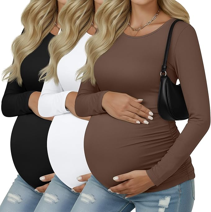 Ficerd 3 Pack Women's Maternity Shirts, Long Sleeve Side Ruched Pregnancy Tee Tops Crew Neck Casual Mama Clothes Basic Tunic
