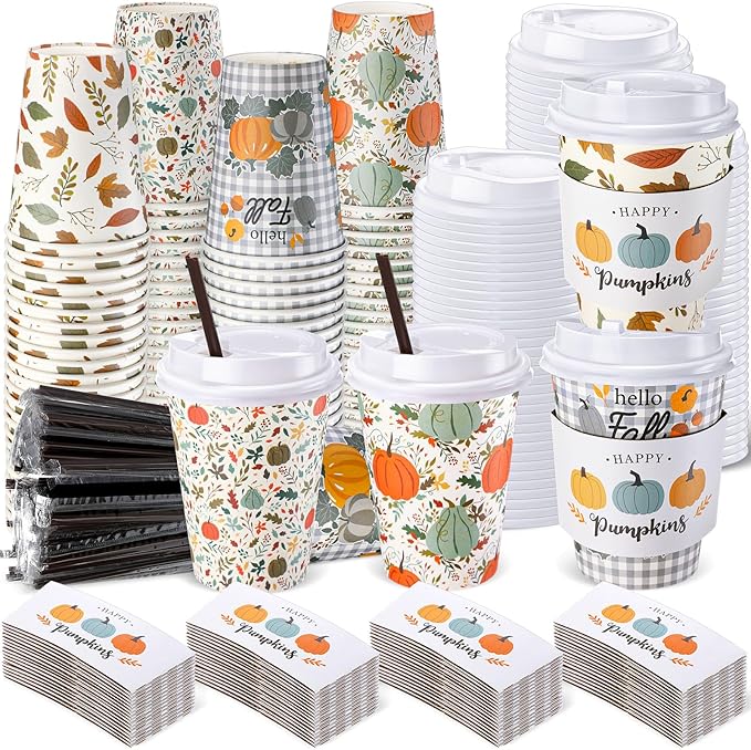 Lallisa 100 Sets Fall Thanksgiving Coffee Cup Bulk with Lid Disposable 12 oz Fall Hot Cups Paper and Sleeves Straws, Autumn Drinking Supplies for Holiday Party(Pumpkin Style)