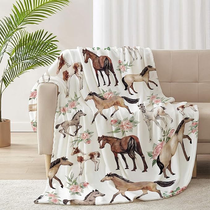 Horse Rose Blanket for Baby Girls Flowers Throw Blanket for Boys, Lightweight Cute Horses Soft Flannel Blankets for Kids Gifts, 30x40 Inches