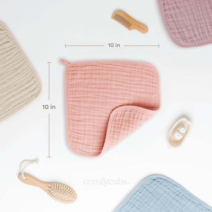 Comfy Cubs Muslin Baby Washcloths 6 Pack - Soft 6-Layer Cotton Wash Cloths for Sensitive Skin - 10"x10" Large, Gentle, Absorbent Infant Essentials for Newborn and Toddlers - Lace