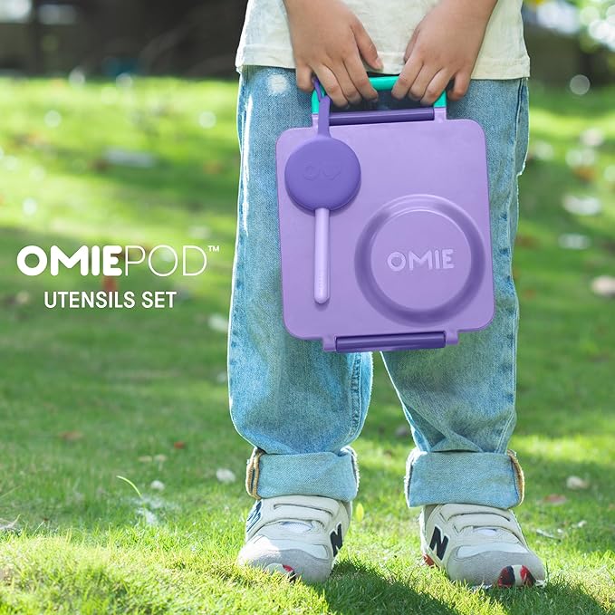 Omie OmieBox Kids Utensils Set with Case - 2 Piece Plastic, Reusable Fork and Spoon Silverware with Pod for Kids (Lilac)