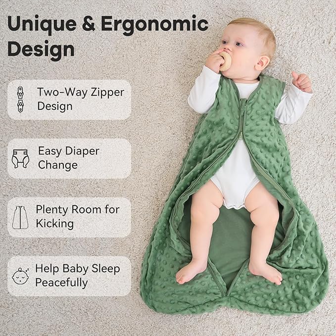 Fleece Baby Sleep Sack 0-6 Months with Plush Dots 1.5 Tog Baby Wearable Blanket with 2-Way Zipper Warm Sleeping Sack for Toddler Infant Newborn - Small, Blue&Green