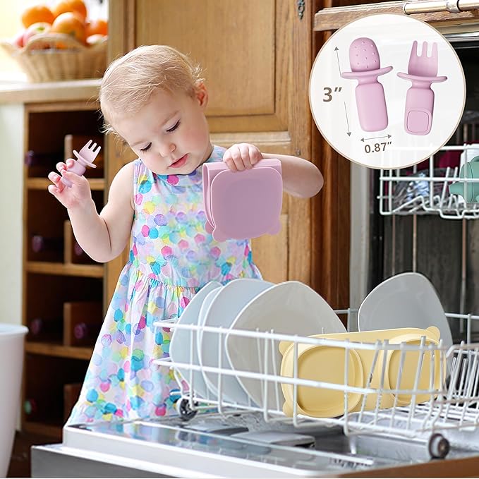 Silicone Foldable Novelty Dinner Plates,Suction Plates for Baby Travel Essential with Forks and Spoons,Microwave & Dishwasher Safe,Purple
