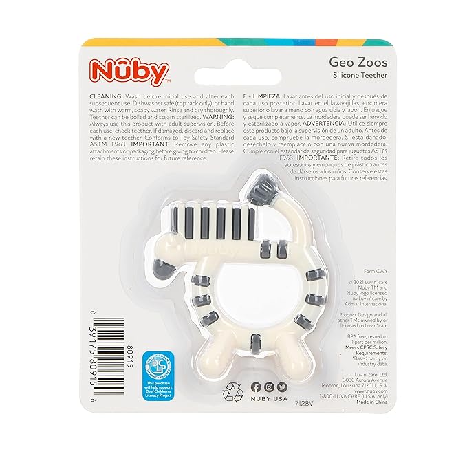 Nuby Geo Zoos Massaging Silicone Teether with Multiple Textures, 3m+, Zebra
