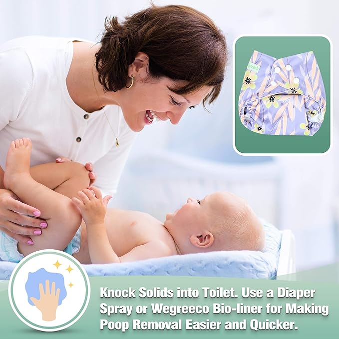 wegreeco Cloth Diapers 6 Pack with 6 Inserts & 1 Wet Bag, Washable Cloth Diapers for Babies, One Size Adjustable Reusable (Leaves, Animals)